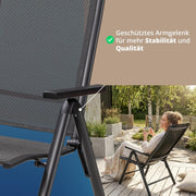 Set de 4 sillas de jardín de respaldo alto KHG, silla plegable de aluminio, respaldo ajustable en 8 posiciones con reposabrazos, gris antracita resistente a la intemperie e inoxidable, soporta 120 kg, silla de balcón, premontada, tejido sintético