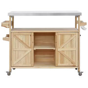 Isla de cocina para exteriores con cubierta de acero inoxidable, carrito de cocina de madera con puertas, estantes y especiero, isla de cocina con ruedas
