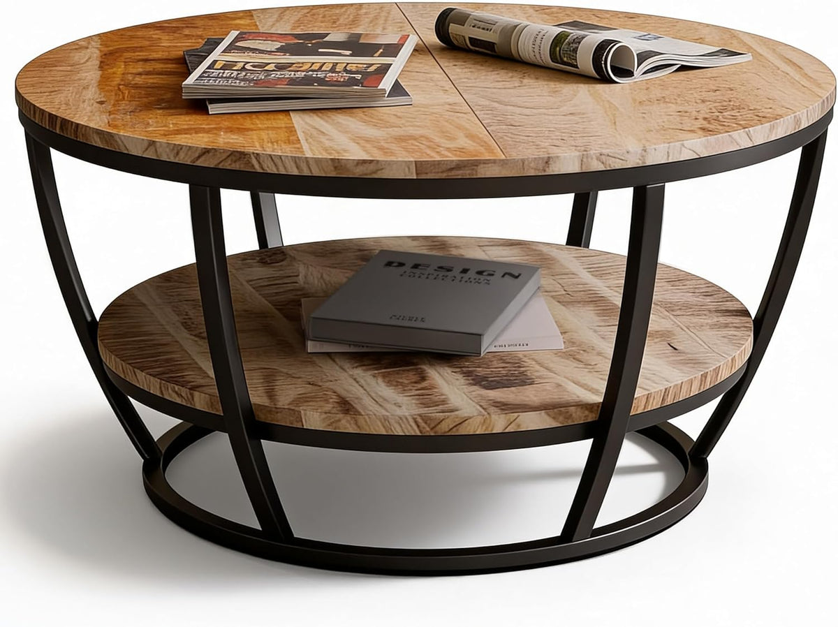 Mesa de centro Gianna, redonda 86 cm, mesa de salón, mesa auxiliar, tablero de madera de mango, estructura de metal con recubrimiento en polvo negro, con estante adicional, robusta, de fácil mantenimiento
