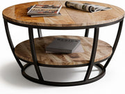 Mesa de centro Gianna, redonda 86 cm, mesa de salón, mesa auxiliar, tablero de madera de mango, estructura de metal con recubrimiento en polvo negro, con estante adicional, robusta, de fácil mantenimiento