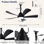 Ventilador de techo para exteriores con luz IP65 resistente al agua, 106 cm, silencioso, con iluminación y mando a distancia, regulable, 6 velocidades, temporizador, lámpara con ventilador para terraza y cenador, negro