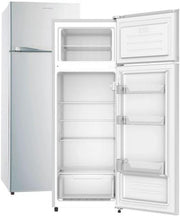 INFINITON Frigorífico de dos puertas FG-A145B, 200 Litros, 143 cm de altura, Defrost, luz LED interior, clase E, diseño con tirador integrado, 55 cm de ancho, patas regulables en altura, puerta reversible, blanco