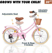 Glerc Missy 20, 24, 26 pulgadas bicicleta híbrida urbana tipo crucero para niñas, de 6 velocidades, con cesta de mimbre, para jóvenes mayores de 6 años, varios colores