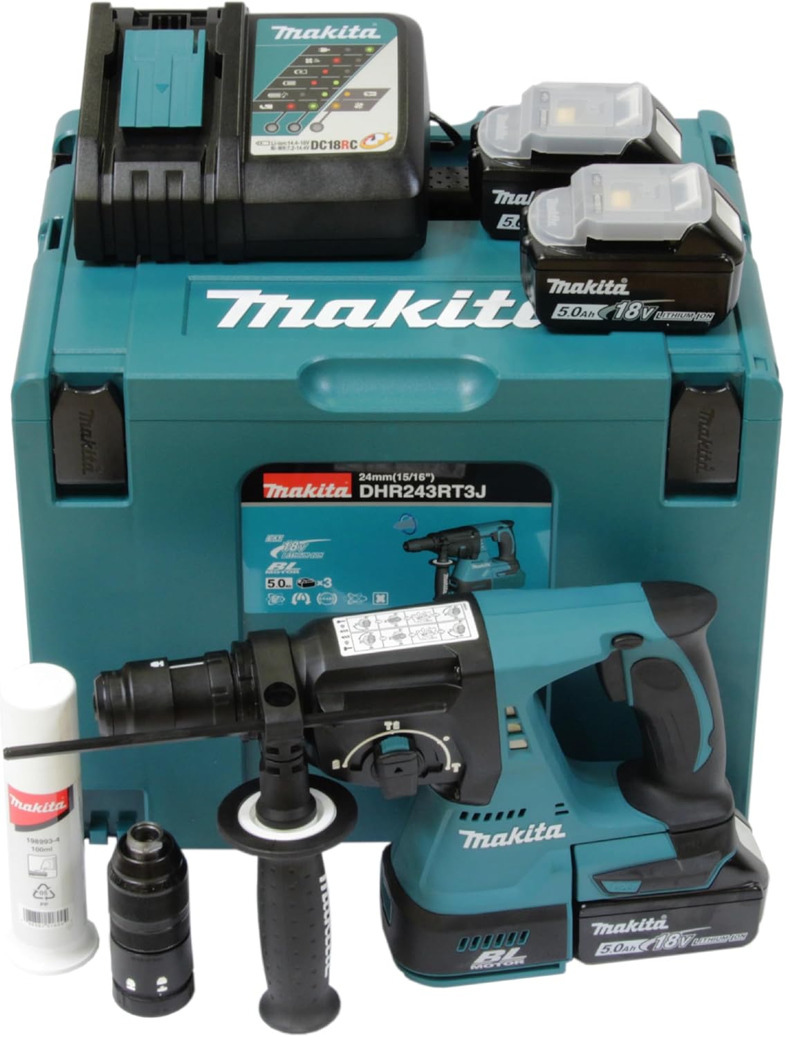 Set de martillo perforador inalámbrico Makita DHR243RT3J, 18V, 5.0Ah, con 3 baterías y cargador en maletín de transporte MAKPAC