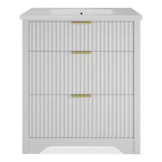Conjunto de tocador de baño moderno estriado con lavabo de cerámica integrado, mueble de baño independiente con 3 cajones para baño contemporáneo