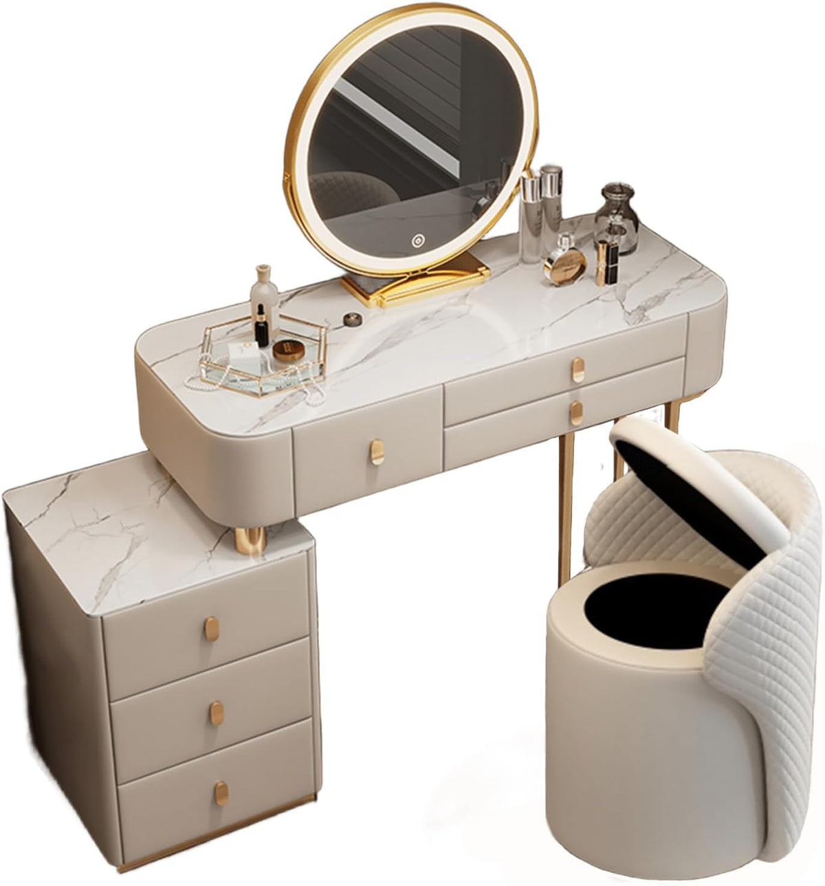 Tocador de lujo Meedlopia con espejo LED HD de 3 tonos, mesa auxiliar móvil, superficie de mármol - Tocador elegante con taburete de almacenamiento para mujeres y niñas