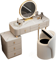Tocador de lujo Meedlopia con espejo LED HD de 3 tonos, mesa auxiliar móvil, superficie de mármol - Tocador elegante con taburete de almacenamiento para mujeres y niñas