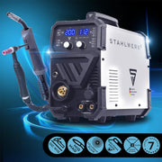 Equipo de soldadura de gas protector 3 en 1 STAHLWERK MTM-200 ST – equipamiento completo – TIG, MIG/MAG, MMA/electrodo hasta 200 A, alimentación de alambre sinérgica, accionamiento de 4 rodillos, apto para hilo relleno, acero, chapa fina