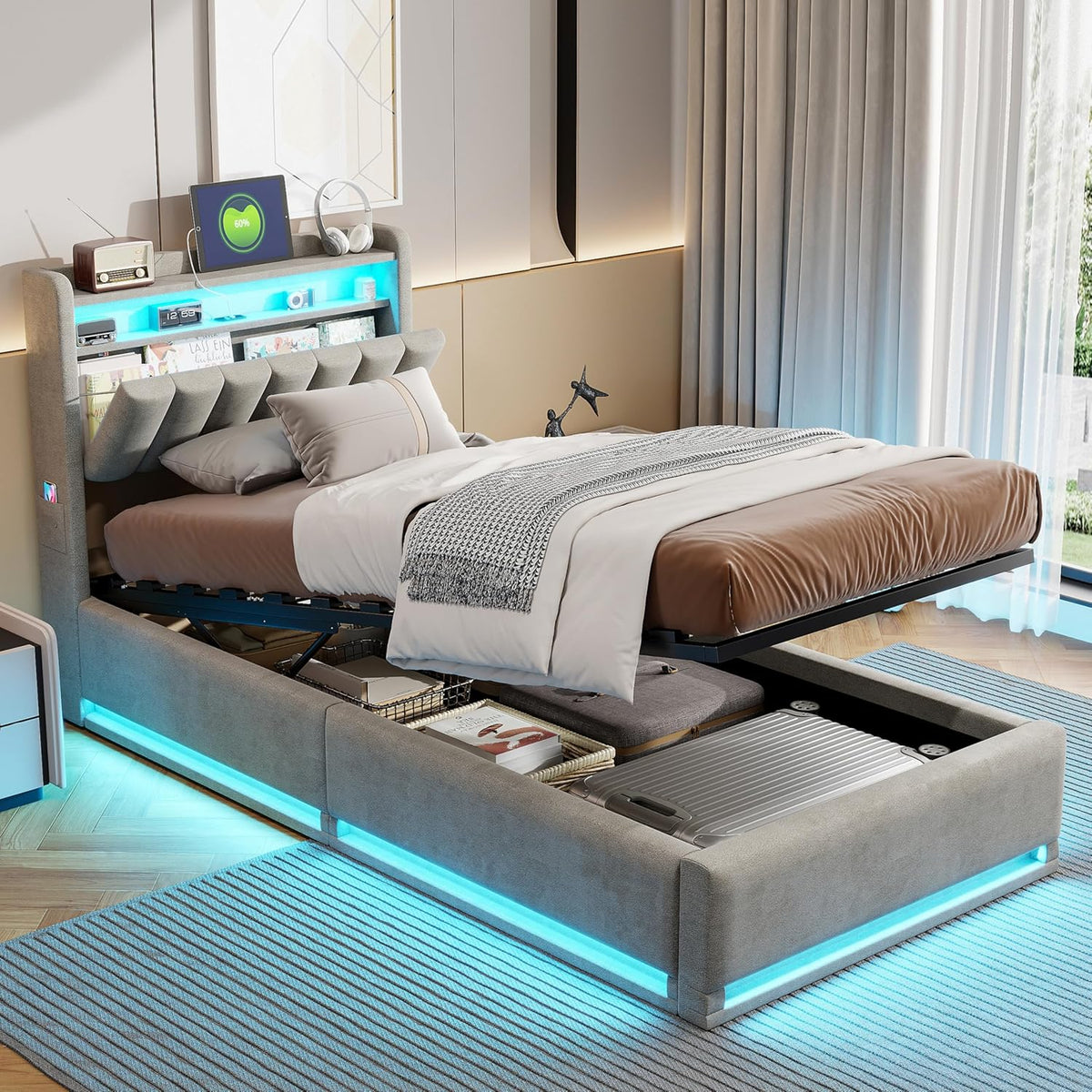 Cama abatible 90x200 cm con LED y puertos USB, cabecero con almacenamiento, cama individual con somier de láminas, fácil de montar, para adultos y adolescentes, terciopelo (gris, 90x200 cm)