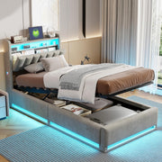 Cama abatible 90x200 cm con LED y puertos USB, cabecero con almacenamiento, cama individual con somier de láminas, fácil de montar, para adultos y adolescentes, terciopelo (gris, 90x200 cm)