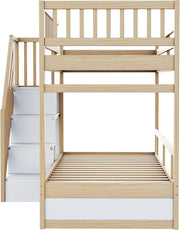Litera 90x200 para 2 niños, cama alta infantil con escalera, armario de almacenamiento y cajón, cama funcional, litera, cama alta juvenil con 2 somieres, madera maciza, sin colchón, color madera