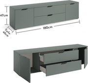 Mueble de TV LINZ en color salvia - Mueble de televisión moderno con cajones y gran espacio de almacenamiento - 180 x 47 x 40 cm (ancho/alto/fondo)
