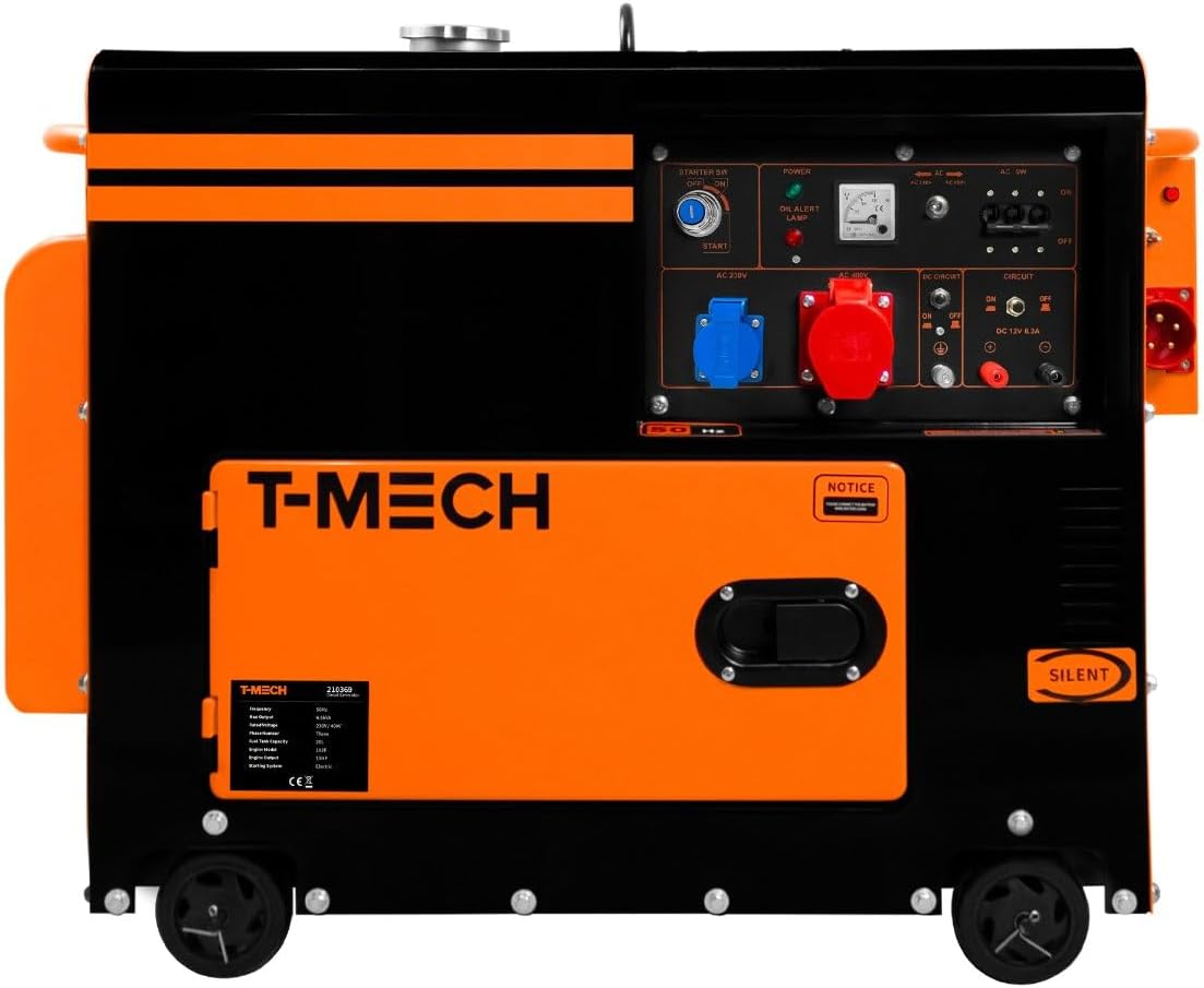 Generador diésel silencioso trifásico, grupo electrógeno para emergencias, obras de construcción y cortes de energía, 400 V, 6,5 kVA, 16,5 h de uso continuo, ATS integrado [llaves de arranque y embudo INCLUIDOS]