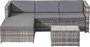 Set de salón de poliratán, juego de muebles de jardín para balcón para 3-4 personas, conjunto de asientos para jardín con sofá de 3 plazas, taburete, cojines y mesa de cristal, muebles de terraza, sofá esquinero, para jardín, balcón y terraza (gris)