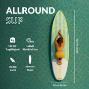 Tabla de SUP inflable de 326 cm, doble capa de punto de caída (drop-stitch), 85 cm de ancho, hasta 140 kg, con remo, bomba, mochila y bolsa estanca.