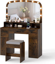 COSTWAY Tocador con espejo y taburete, tocador con almacenamiento, estación de carga, 3 colores de luz, mesa de maquillaje de 108 cm de ancho, 3 compartimentos, 3 cajones, 2 armarios estilo industrial