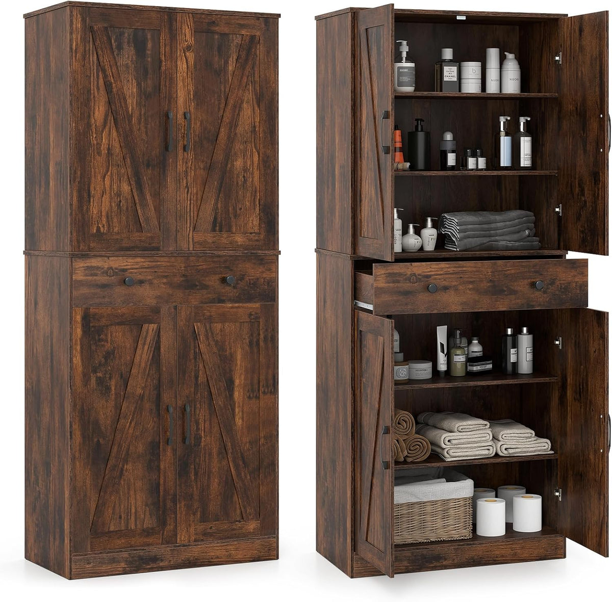 COSTWAY Armario de cocina alto, 183 cm, despensa con 4 puertas, cajón y 3 estantes ajustables, armario multiusos moderno, alacena alta, para cocina, comedor y salón, marrón