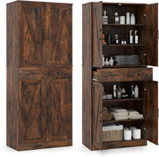 COSTWAY Armario de cocina alto, 183 cm, despensa con 4 puertas, cajón y 3 estantes ajustables, armario multiusos moderno, alacena alta, para cocina, comedor y salón, marrón
