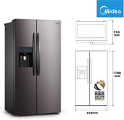 Midea KS-DDX 6.32 WT Frigorífico americano / 178,8 cm de altura / 254 kWh/año / No Frost / Compresor Dual Inverter / con dispensador de agua/hielo 3 en 1 y depósito de agua, Dark Inox