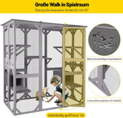 Casa para gatos, recinto exterior para gatos (catio), jaula de madera para gatos, condominio con puerta de entrada extra grande, parque interior con plataformas y casita.