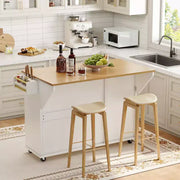 Isla móvil de 55 pulgadas con toma de corriente y mesa plegable, carrito de isla de cocina con ruedas y gabinete para almacenamiento de basura para cocina