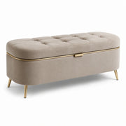 Banco tapizado de terciopelo con almacenamiento y patas de metal en color beige