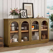 Aparador grande de 4 puertas con puertas de vidrio, gabinete arqueado con estantes ajustables para cocina