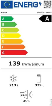 Midea KS-DDX 6.32 WT Frigorífico americano / 178,8 cm de altura / 254 kWh/año / No Frost / Compresor Dual Inverter / con dispensador de agua/hielo 3 en 1 y depósito de agua, Dark Inox