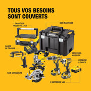 Kit de 5 herramientas XR 18V, 1 taladro atornillador, 1 atornillador de impacto de 3 velocidades, 1 sierra de calar, 1 sierra circular, 1 linterna LED, 3 baterías de 5Ah, 1 cargador y 2 maletines TSTAK, DCK551P3T-QW