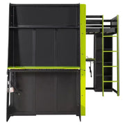Litera tipo loft en forma de L para juegos con escritorios, litera doble con luces LED, puertos USB, estanterías de almacenamiento, cama alta esquinera de madera para 2 personas