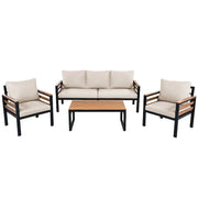 Conjunto de sofá para exterior de 4 piezas para 5 personas con mesa de centro de madera maciza y cojines extraíbles