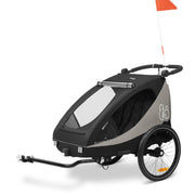 hauck Remolque de bicicleta y cochecito Dryk Duo Plus con suspensión, para 2 niños (6-48 meses), incluye barra de tiro, rueda de cochecito, bandera y luz LED, plegable, altura ajustable, maletero XL (verde oscuro)