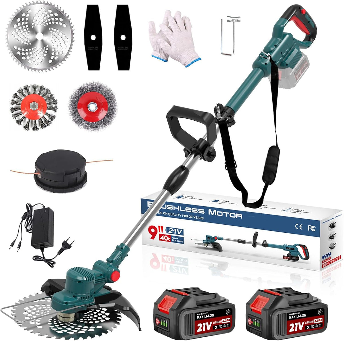 Cortacésped inalámbrico de 21V, cortacésped inalámbrico 4 en 1 compatible con baterías Makita, cortacésped con cepillo para malas hierbas, desbrozadora y motoguadaña incl. cabezal de hilo TAP-N'-GO, 2 baterías de 4.0Ah, motor sin escobillas de 750W