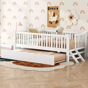 Estructura de cama individual con nido y barandilla, cama de plataforma de perfil bajo con escaleras para niños y niñas
