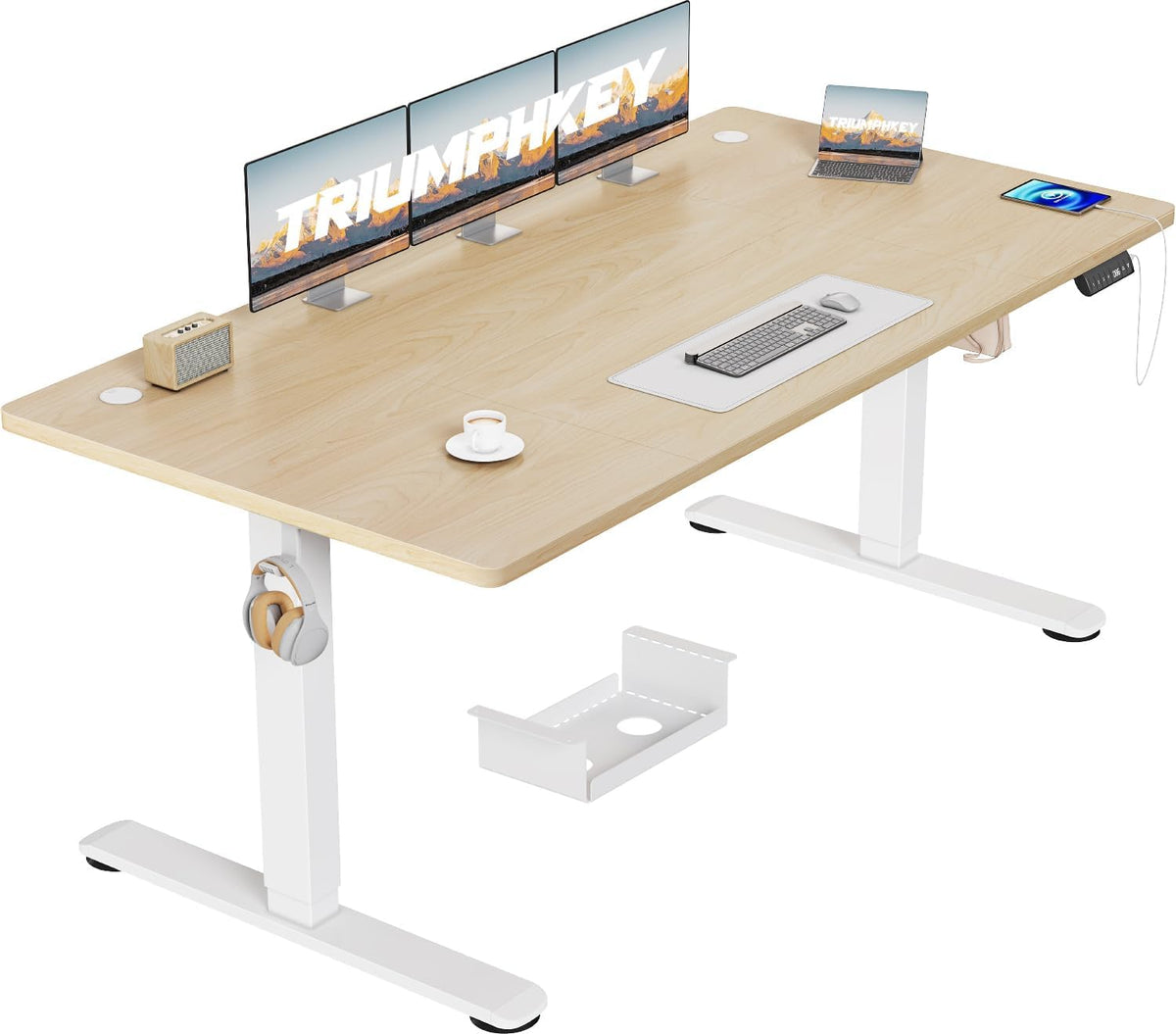 TRIUMPHKEY Escritorio regulable en altura 160x80 con puerto de carga USB, escritorio regulable en altura con 3 botones de memoria y bandeja para cables, mesa de ordenador, escritorio de pie, beige