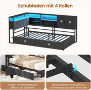 Cama tapizada, sofá cama de 90x200 con iluminación LED, estación de carga, diván, cama juvenil con 2 cajones y somier de metal, cabecero con espacio de almacenamiento, estantes abiertos, armario, negro