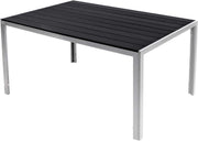 Hermosa mesa de jardín de aluminio, mesa de comedor Non-Wood, muebles de jardín, mesa plata/negro, imitación madera, resistente a la intemperie, 150x90x74cm