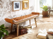 FineBuy Banco de cuero auténtico/madera maciza, color marrón, 125x50x38 cm, diseño Chesterfield, banco tapizado para recibidor, banco de cuero para pie de cama, para 2 personas, banco de recibidor moderno