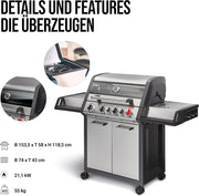 Barbacoa de gas Enders® MONROE PRO 3 SIK TURBO, 3 quemadores de acero inoxidable, hornillo lateral, quemador trasero infrarrojo, ventana PanoVision, quemadores HEAT RANGE, SWITCH GRID, 800 °C TURBO ZONE, SIMPLE CLEAN #8376, plata/negro