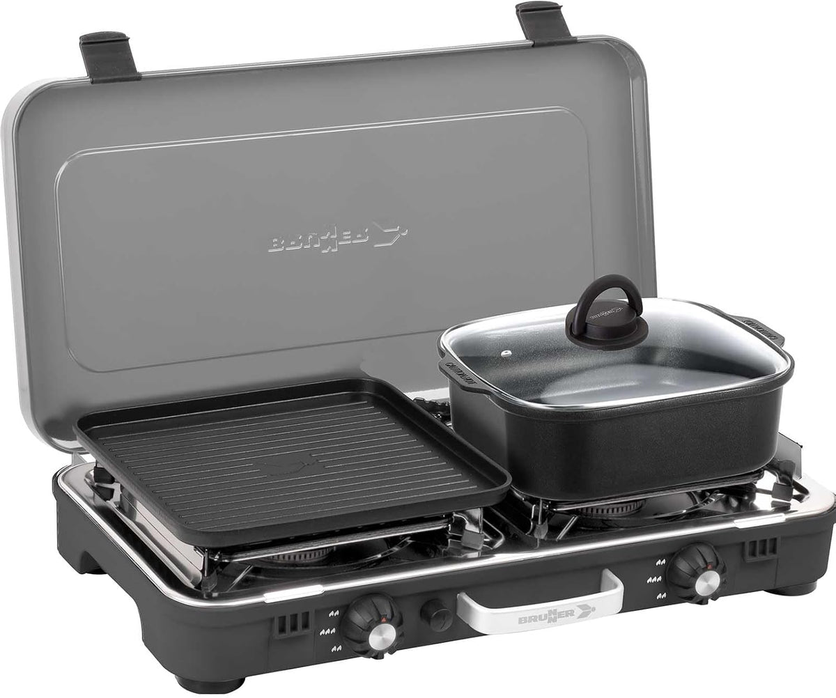 BRUNNER: Hornillo de camping de mesa 2 en 1 de 2 fuegos de acero inoxidable, barbacoa de gas y cocina de gas - POWERKOOK 50mbar con 1 cacerola + 1 plancha - con regulador de gas y manguera de gas