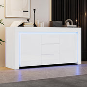 Aparador ModernLuxe LED de alto brillo para salón, armario auxiliar de 140x40x65 cm, 3 cajones y 2 puertas, cómoda moderna con almacenamiento para recibidor, oficina y salón, blanco