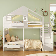 Litera, cama alta, cama infantil 90x200 cm con protección anticaídas y escalera con almacenamiento, cama juvenil, con ventana, madera maciza, blanco