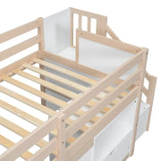 Cama alta baja de madera maciza con cajón y escalera, tamaño individual