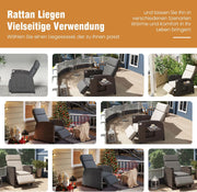 Tumbona relax Amopatio, sillón reclinable, tumbona de ratán con respaldo ajustable y mesa plegable, sillón de jardín para exteriores resistente a la intemperie, para terraza, jardín, balcón – Beige y marrón