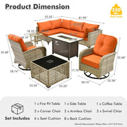 Conjunto de 9 piezas de sillas giratorias de mimbre para exteriores OVIOS con mesa de fuego
