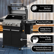 Barbacoa de gas Hektor 3B-S incl. asador giratorio y funda protectora con 3 quemadores, quemador Sear, parrilla de hierro fundido, hornillo lateral, ventana de visualización y termómetro para jardín y terraza