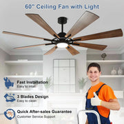 Ventilador de techo con luz, control remoto y 8 aspas grandes de madera