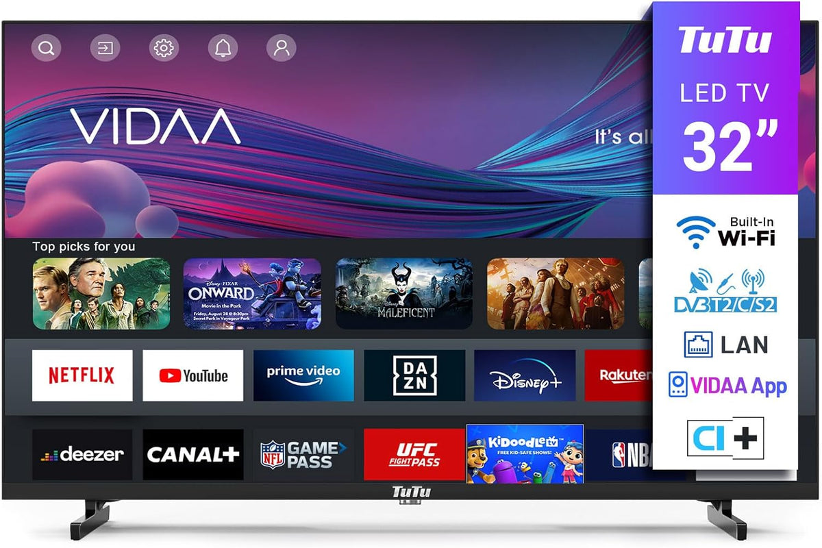 Smart TV TuTu de 32 pulgadas (80 cm) WiFi VIDAA conectada, televisión sin bordes con triple sintonizador (DVB-C/S2/-T2), aplicación VIDAA Remote, Molotov, Netflix, Prime Video, Disney+, Youtube (TUV32HQ1B, 2024)
