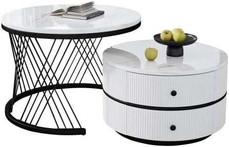 Juego de 2 mesas de centro redondas con tablero de PVC con patrón de mármol y estructura de metal, juego de mesas auxiliares, mesa de café y mesa de sofá con 2 cajones para sala de estar y dormitorio (blanco y negro - 75 cm)