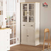 HOMCOM Aparador Mueble de Cocina Armario de Almacenaje con 4 Puertas, 2 de ellas de Cristal y 1 Cajón, 182,5 cm de Altura con Estantes Ajustables - Beige